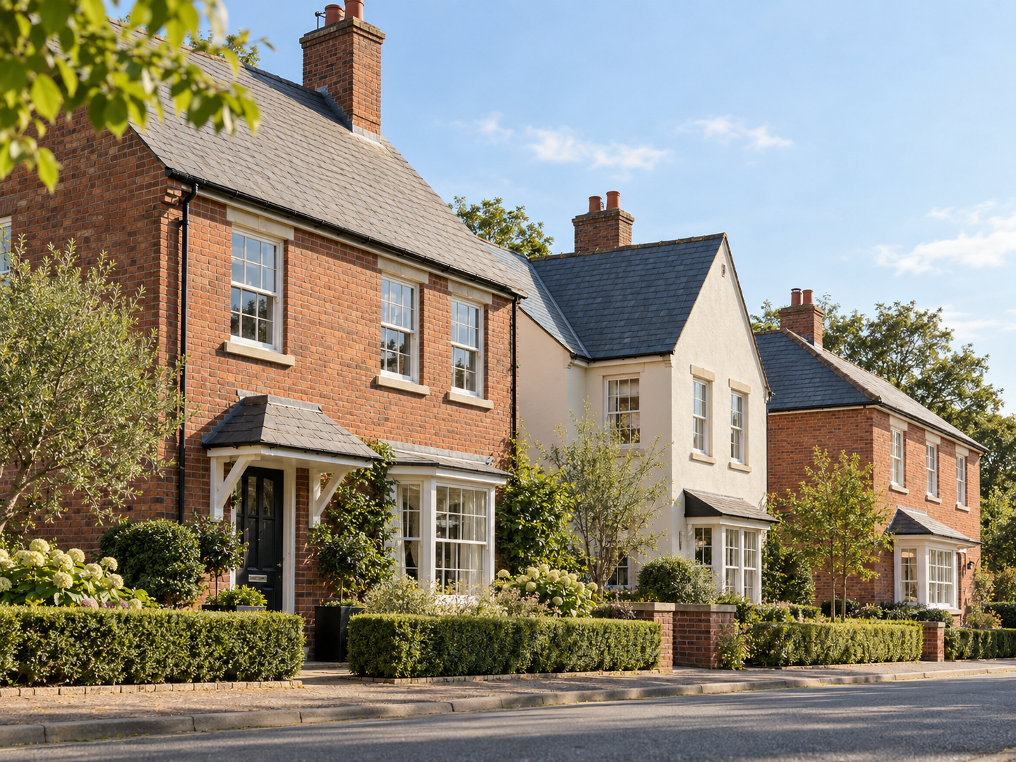 Illustrative British homes with warm brick facades and landscaped front gardens